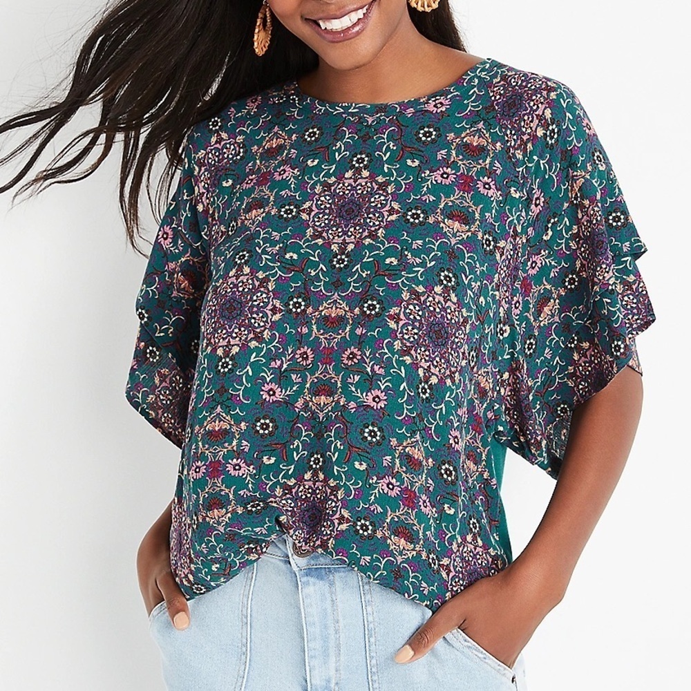 Maurices Teal Floral Short-Sleeve Blouse